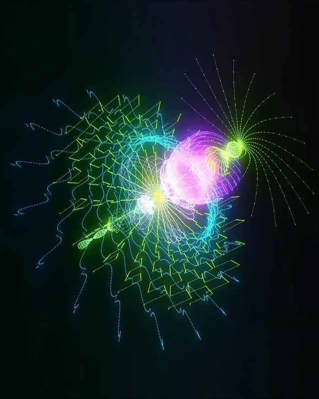 Green and magenta particle bloom dispersing on black — abstract new-media work.