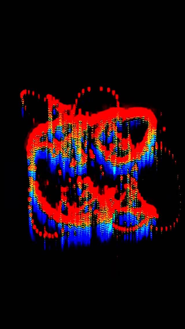 A red and blue glitch wireframe of a human body on black — digital art.